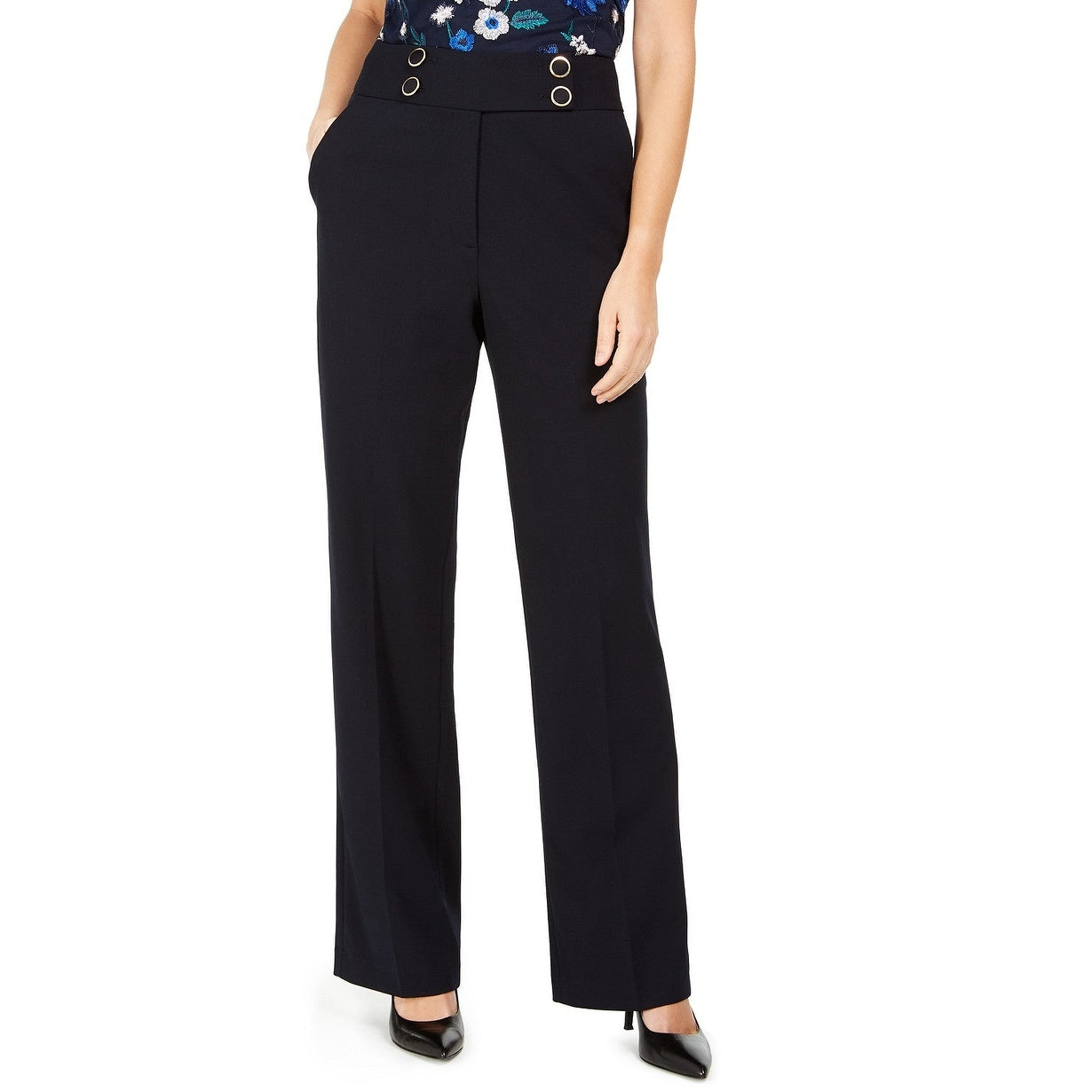 Women's High-Rise Buttoned-Waist Dress Pants | Navy, Size 4