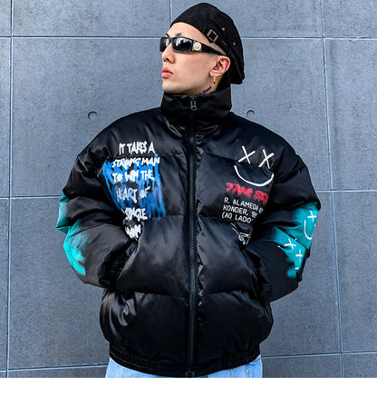 Men's Streetwear Puffer Jacket | Bold Graffiti Print