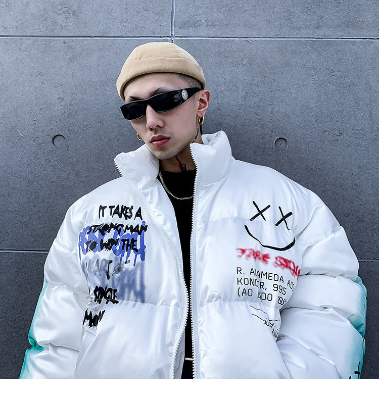 Men's Streetwear Puffer Jacket | Bold Graffiti Print