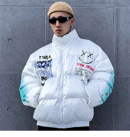 Men's Streetwear Puffer Jacket | Bold Graffiti Print