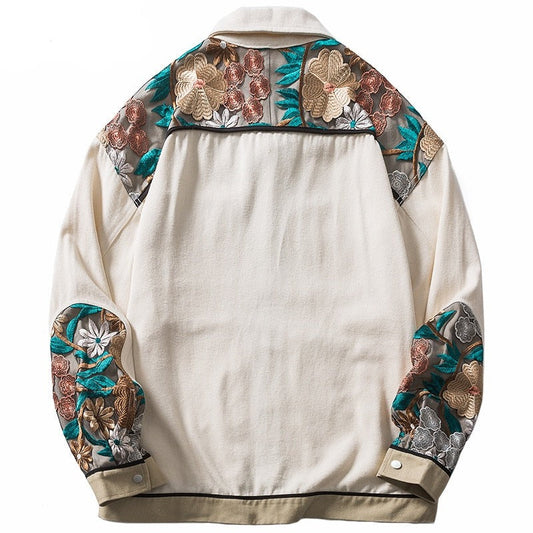 Men's Hip Hop Streetwear Color Block Patchwork Denim Jacket | Embroidered Flower Design