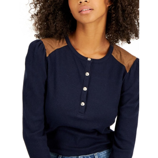 Women's Faux Suede Trim Henley Top | Blue